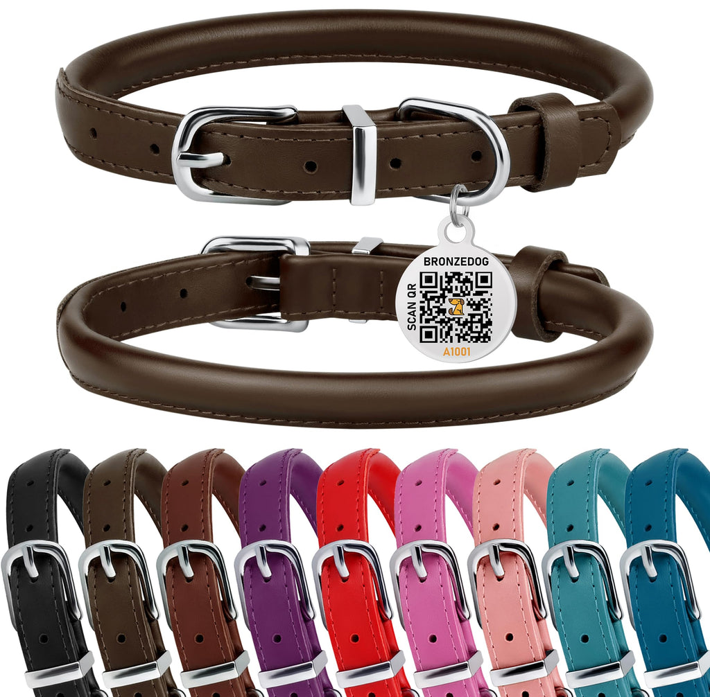 BRONZEDOG Rolled Leather Dog Collar – Coffee Brown, 16-18 Inch Neck, 3/4" Width, Genuine Leather with QR-ID Tag for Long-Haired Dogs