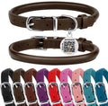 BRONZEDOG Rolled Leather Dog Collar – Coffee Brown, 16-18 Inch Neck, 3/4" Width, Genuine Leather with QR-ID Tag for Long-Haired Dogs