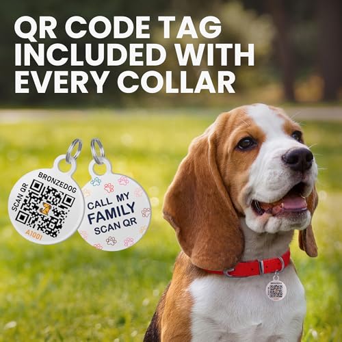 BRONZEDOG Rolled Leather Dog Collar – Coffee Brown, 16-18 Inch Neck, 3/4" Width, Genuine Leather with QR-ID Tag for Long-Haired Dogs