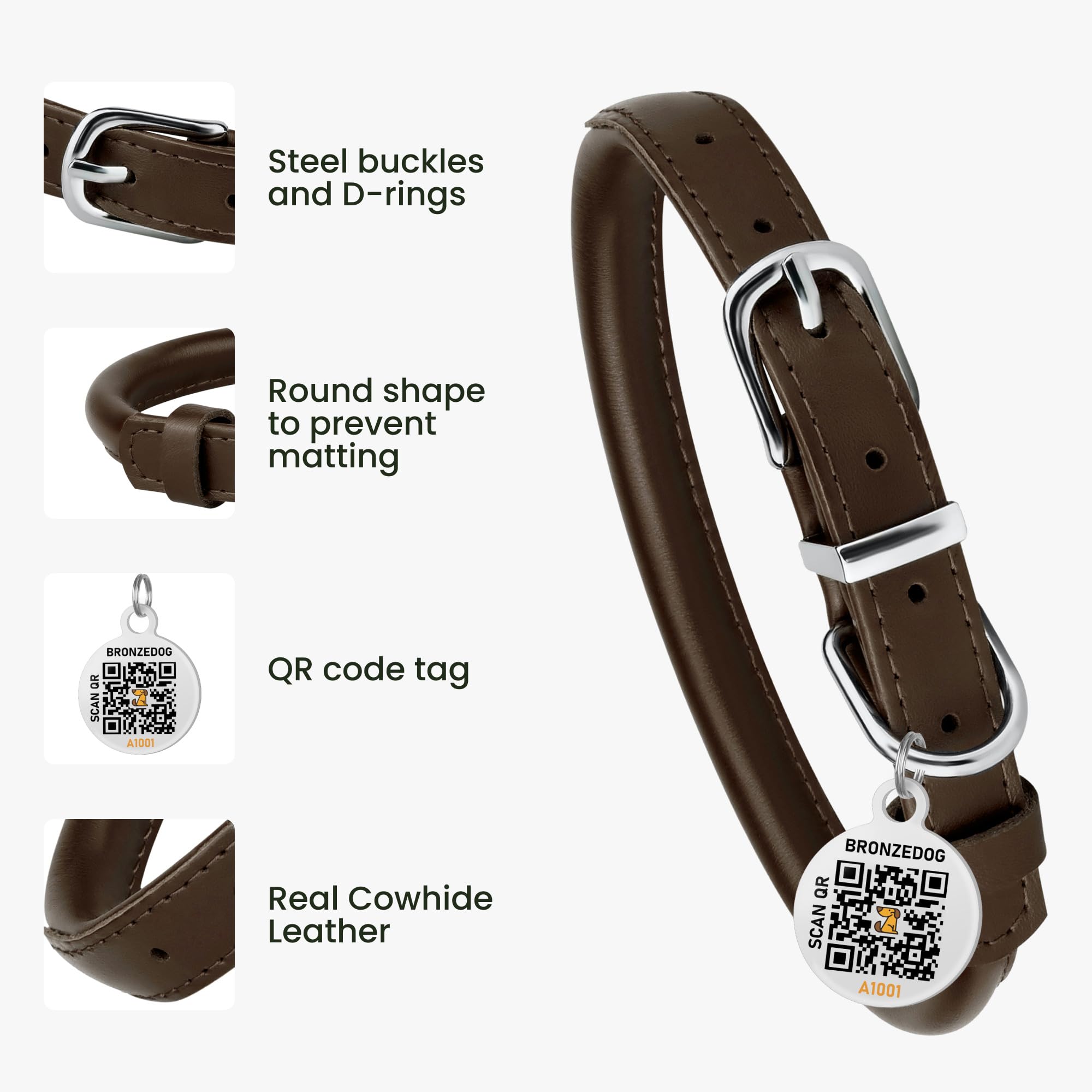 BRONZEDOG Rolled Leather Dog Collar – Coffee Brown, 16-18 Inch Neck, 3/4" Width, Genuine Leather with QR-ID Tag for Long-Haired Dogs