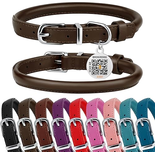 BRONZEDOG Rolled Leather Dog Collar – Coffee Brown, 16-18 Inch Neck, 3/4" Width, Genuine Leather with QR-ID Tag for Long-Haired Dogs