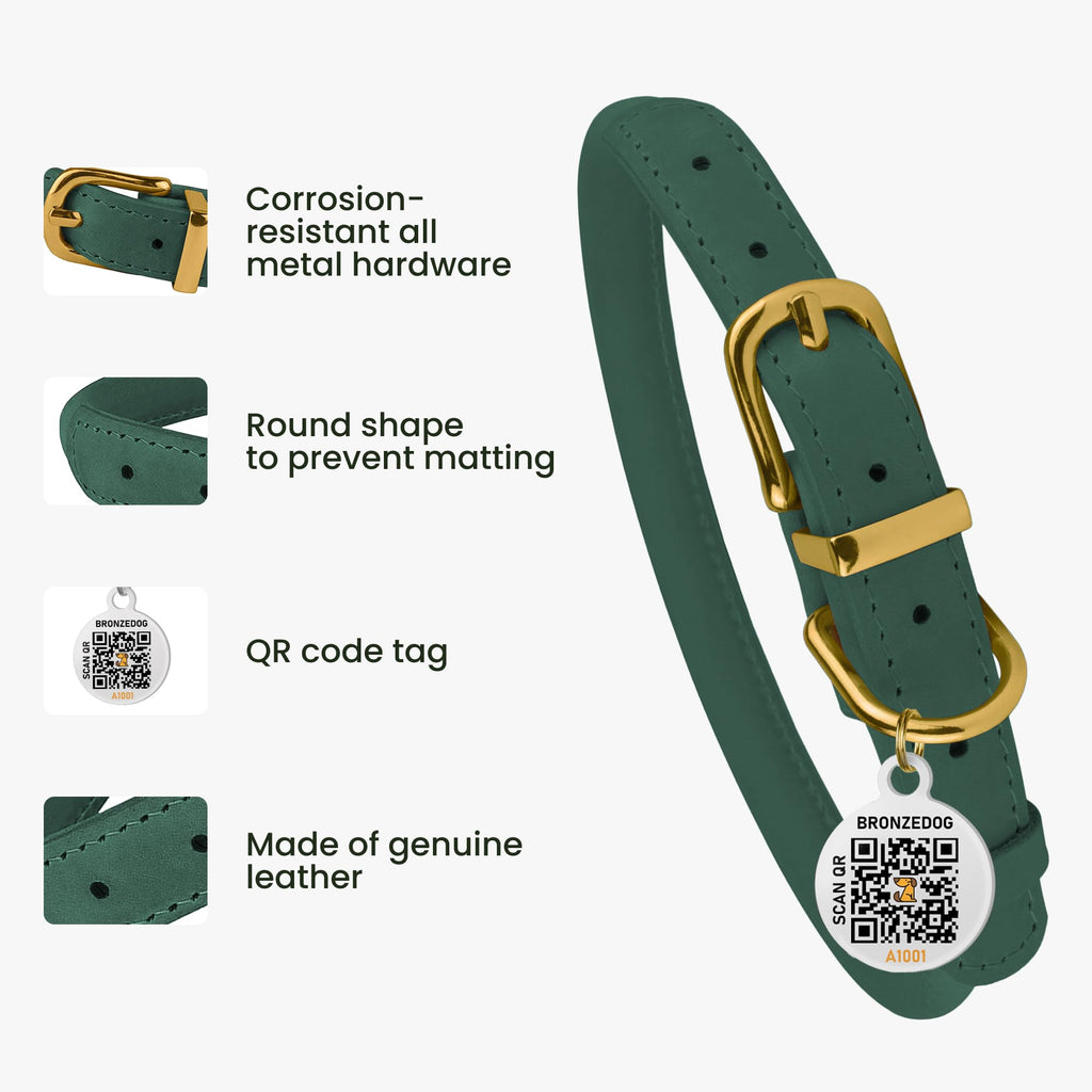 BronzeDog Rolled Leather Dog Collar – Emerald Green, 5/8'' Wide, 14-16 Inch Neck, with QR ID Tag