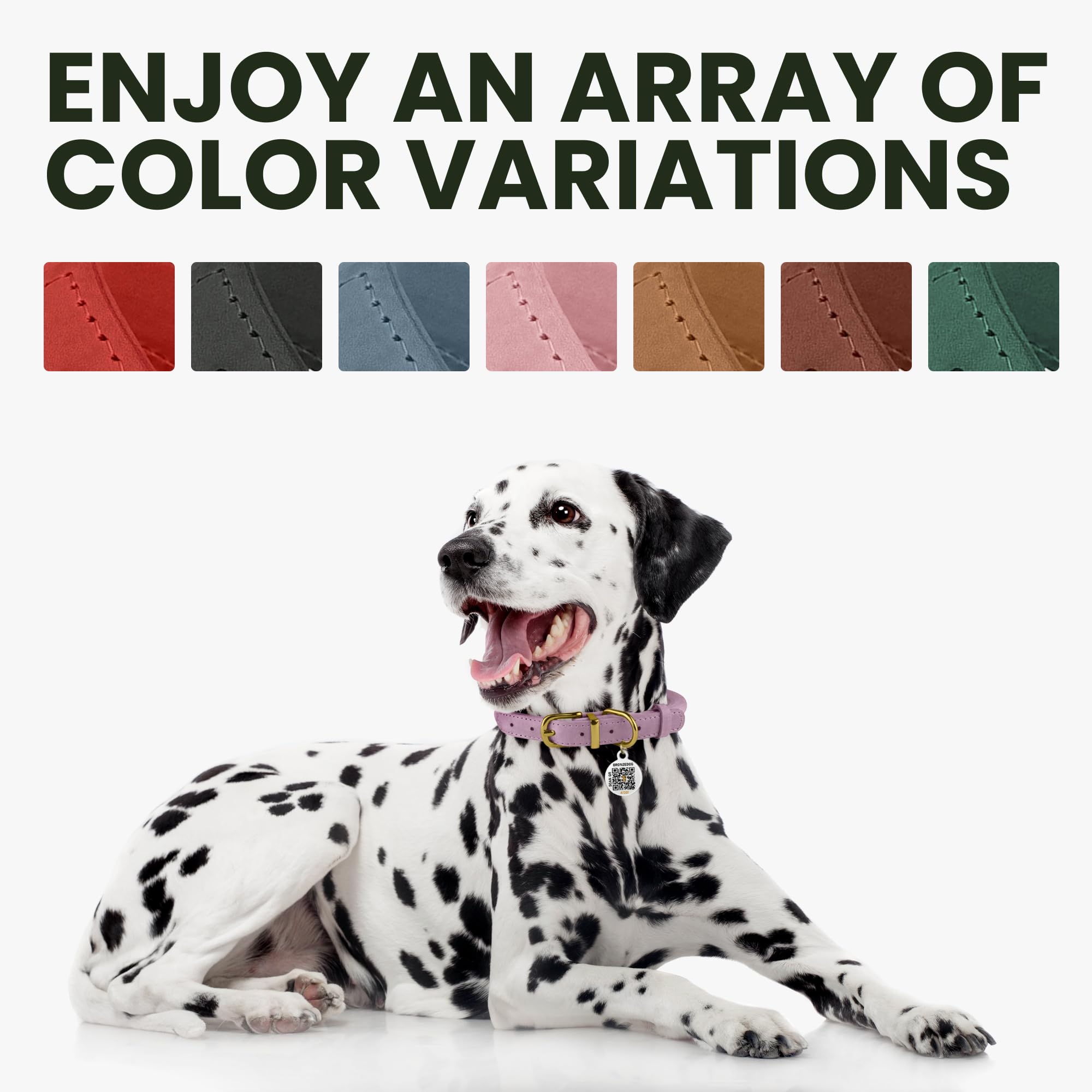 BronzeDog Rolled Leather Dog Collar – Emerald Green, 5/8'' Wide, 14-16 Inch Neck, with QR ID Tag
