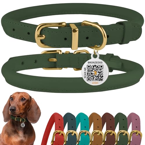 BronzeDog Rolled Leather Dog Collar – Emerald Green, 5/8'' Wide, 14-16 Inch Neck, with QR ID Tag