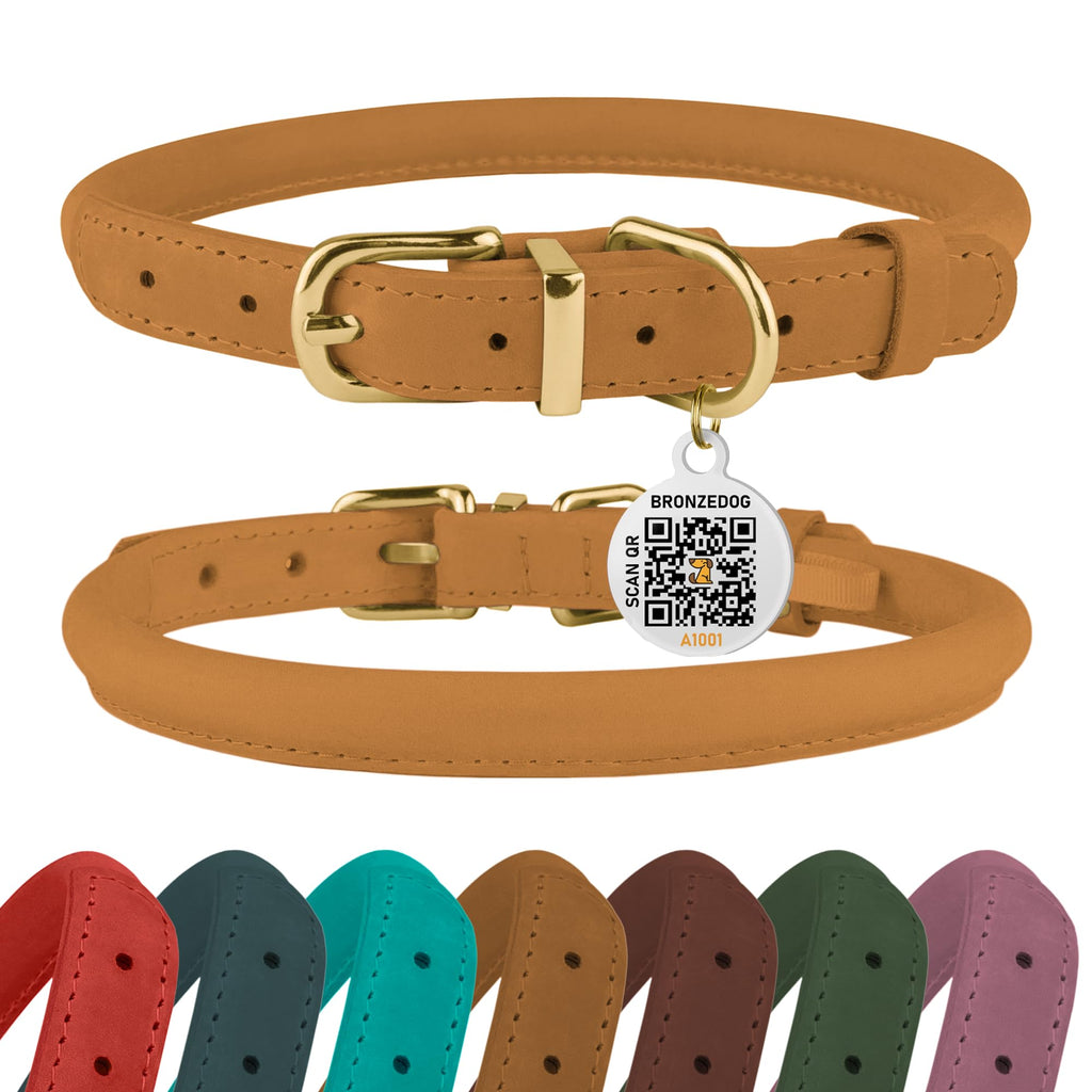 BronzeDog Rolled Leather Dog Collar – Mustard, 14-16 Inch, Waxed Crazy Horse Leather, Prevents Tangling