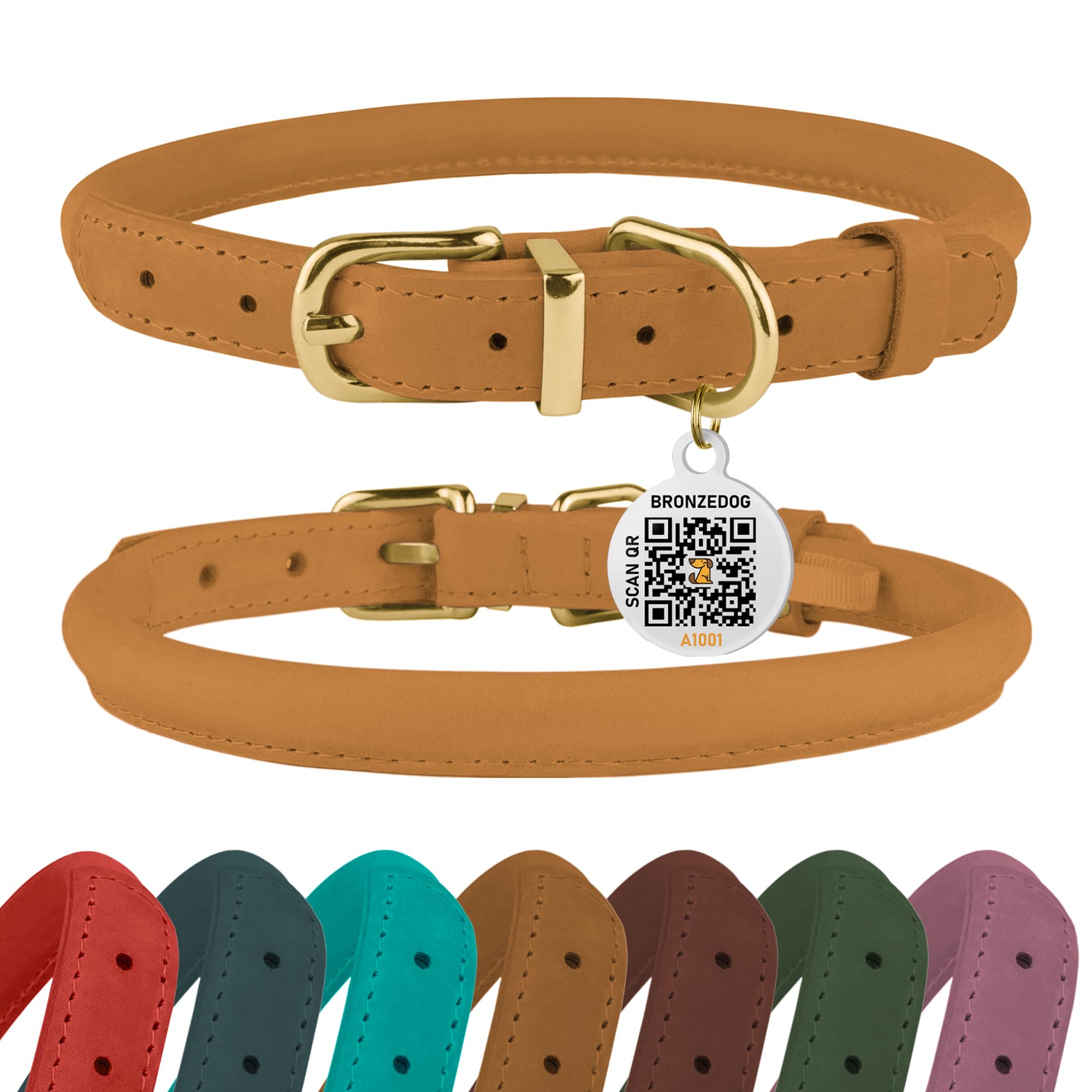 BronzeDog Rolled Leather Dog Collar – Mustard, 14-16 Inch, Waxed Crazy Horse Leather, Prevents Tangling
