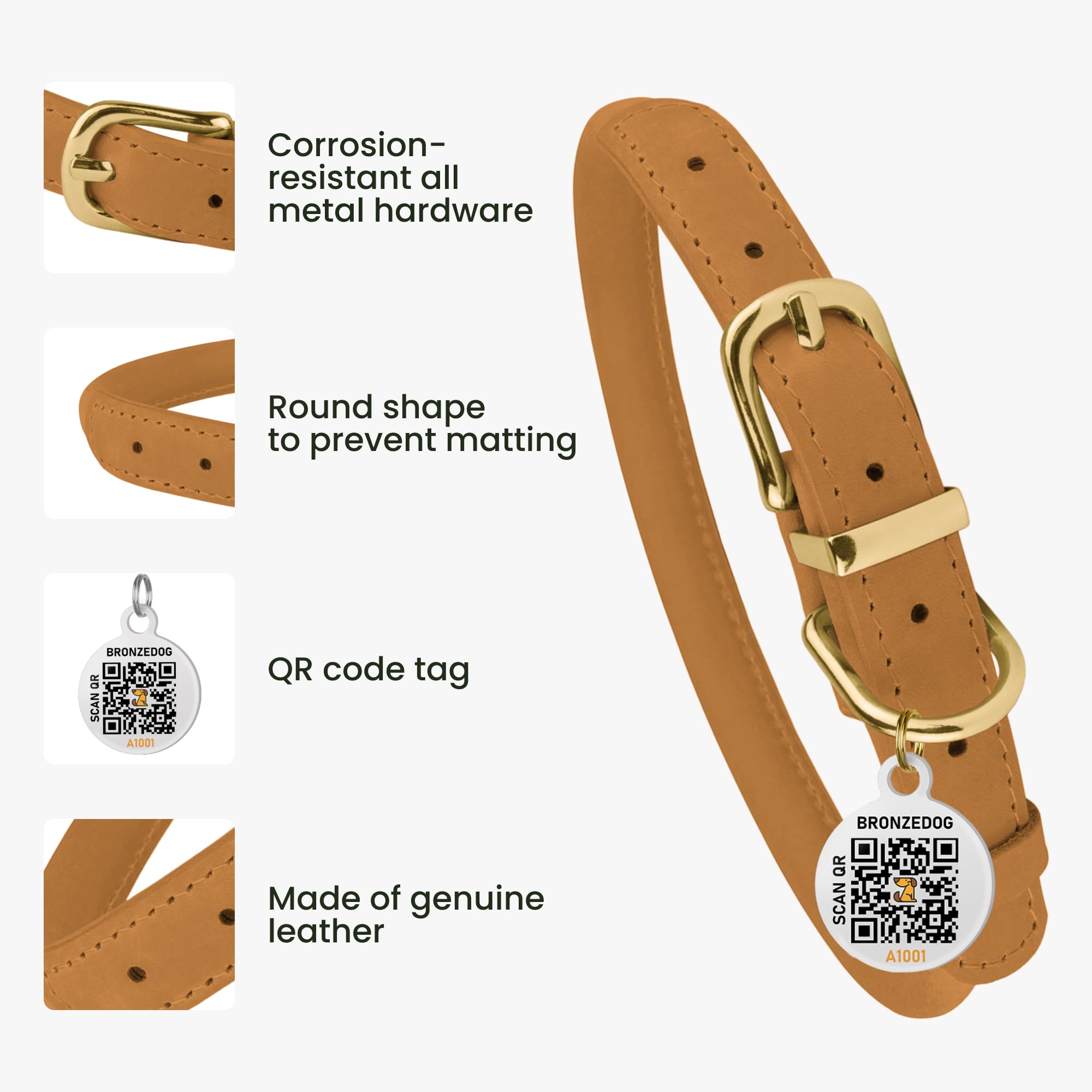 BronzeDog Rolled Leather Dog Collar – Mustard, 14-16 Inch, Waxed Crazy Horse Leather, Prevents Tangling