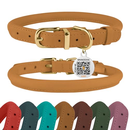 BronzeDog Rolled Leather Dog Collar – Mustard, 14-16 Inch, Waxed Crazy Horse Leather, Prevents Tangling