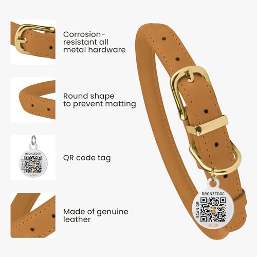 BronzeDog Rolled Leather Dog Collar – Mustard, 14-16 Inch, Waxed Crazy Horse Leather, Prevents Tangling