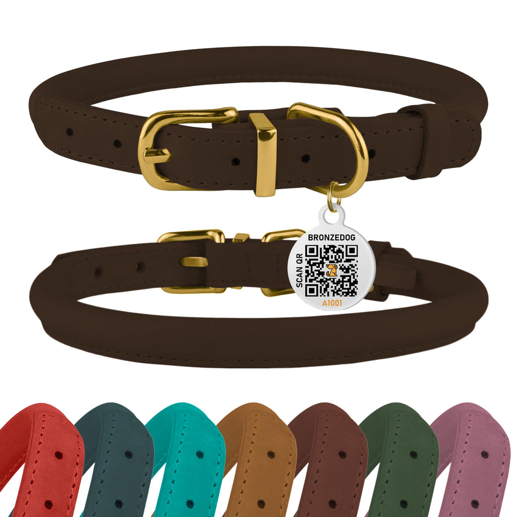 BronzeDog Rolled Leather Dog Collar – Soft Waxed Leather, Prevents Tangling, for Small to Large Dogs (16-19 Inch Neck, Brown)