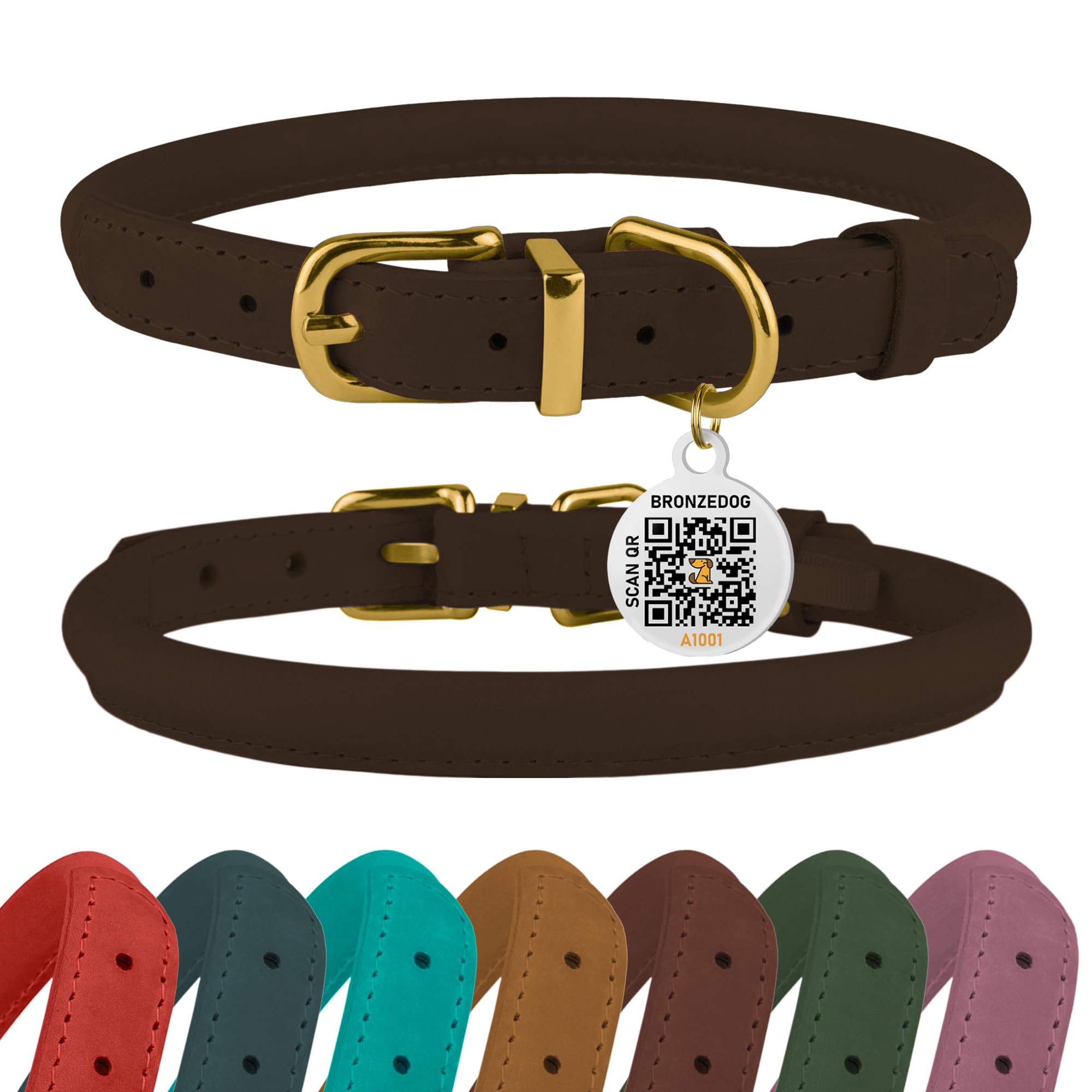 BronzeDog Rolled Leather Dog Collar – Soft Waxed Leather, Prevents Tangling, for Small to Large Dogs (16-19 Inch Neck, Brown)