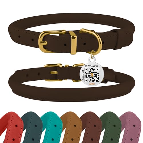 BronzeDog Rolled Leather Dog Collar – Soft Waxed Leather, Prevents Tangling, for Small to Large Dogs (16-19 Inch Neck, Brown)