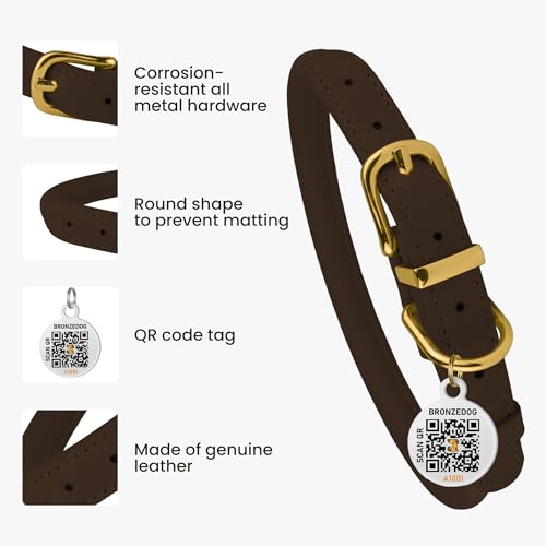 BronzeDog Rolled Leather Dog Collar – Soft Waxed Leather, Prevents Tangling, for Small to Large Dogs (16-19 Inch Neck, Brown)