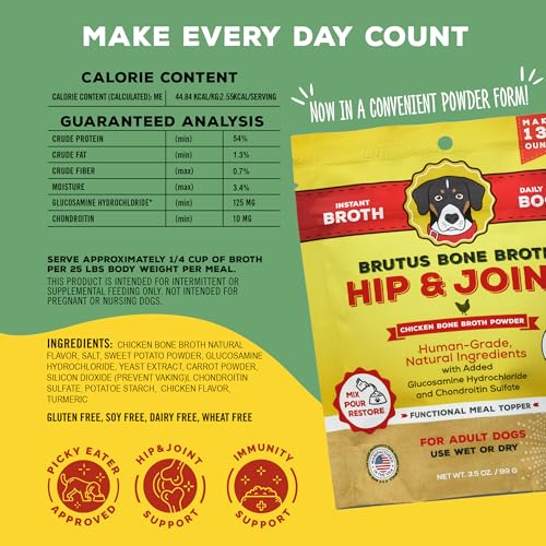 Brutus Broth Chicken Bone Broth Dog Food Topper - Powder, 3.5 oz - Supports Hips & Joints