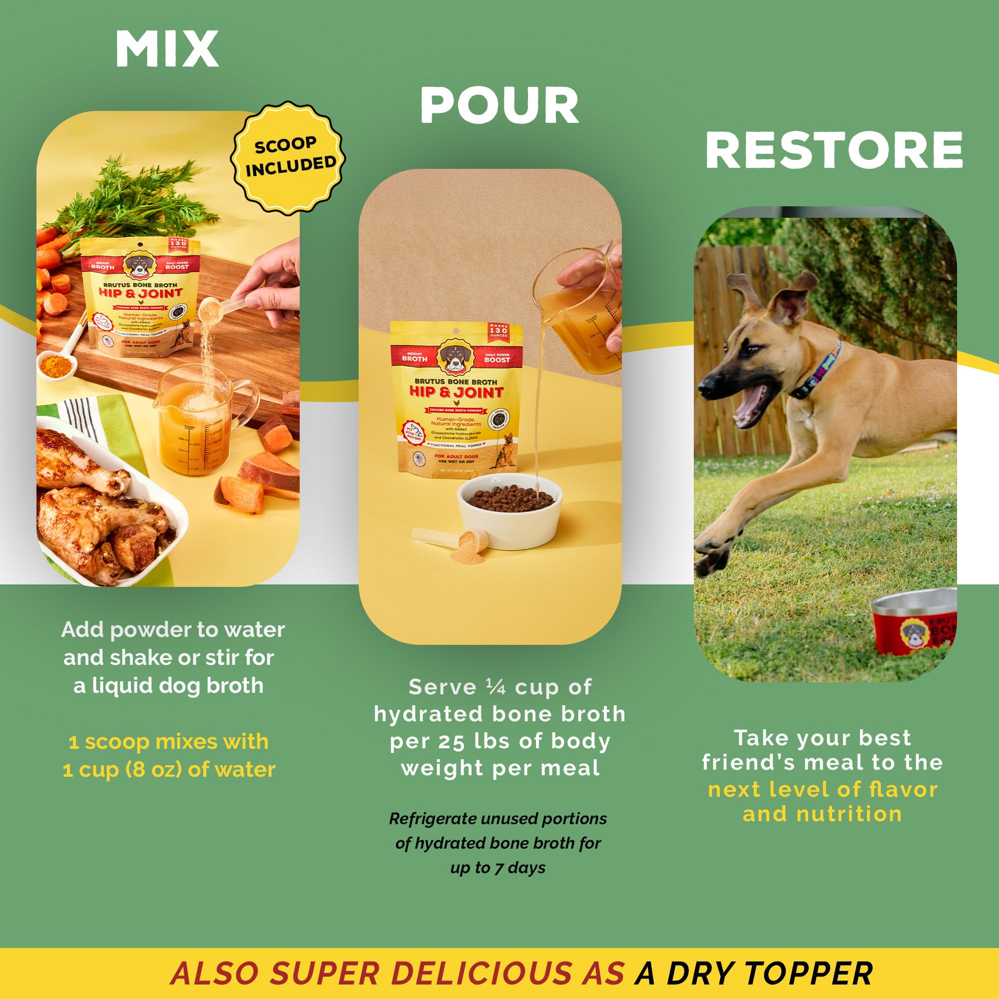 Brutus Broth Chicken Bone Broth Dog Food Topper - Powder, 3.5 oz - Supports Hips & Joints