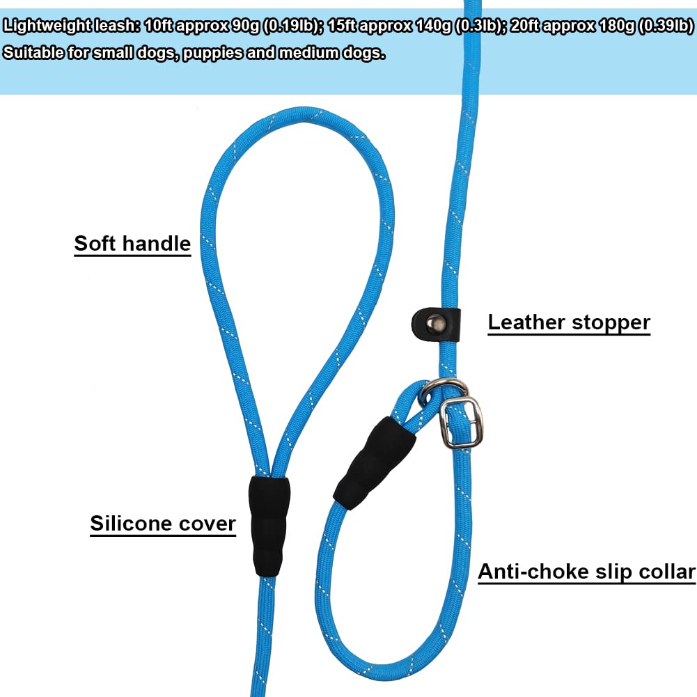 BTINESFUL 20ft Blue Reflective Slip Lead Dog Leash – Long Training Rope for Small & Medium Dogs