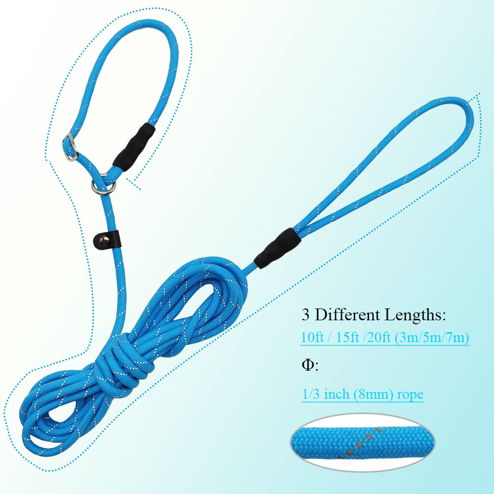 BTINESFUL 20ft Blue Reflective Slip Lead Dog Leash – Long Training Rope for Small & Medium Dogs