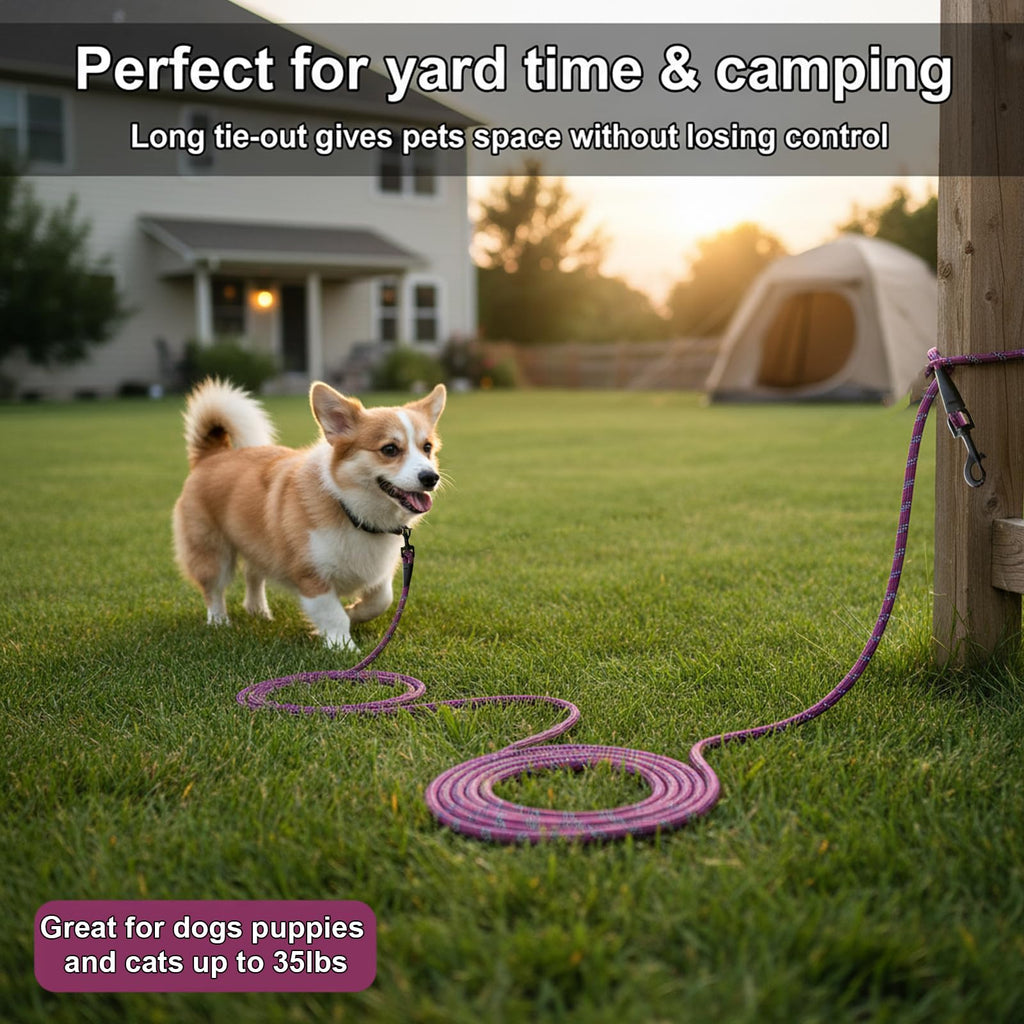 BTINESFUL 30ft Reflective Dog Tie Out – Lightweight Nylon Tether for Small Dogs up to 35 lbs