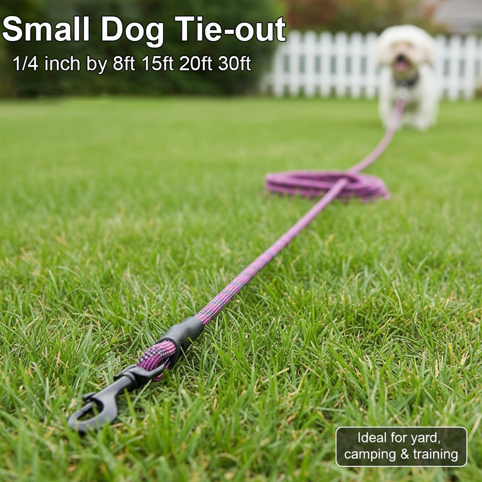 BTINESFUL 30ft Reflective Dog Tie Out – Lightweight Nylon Tether for Small Dogs up to 35 lbs