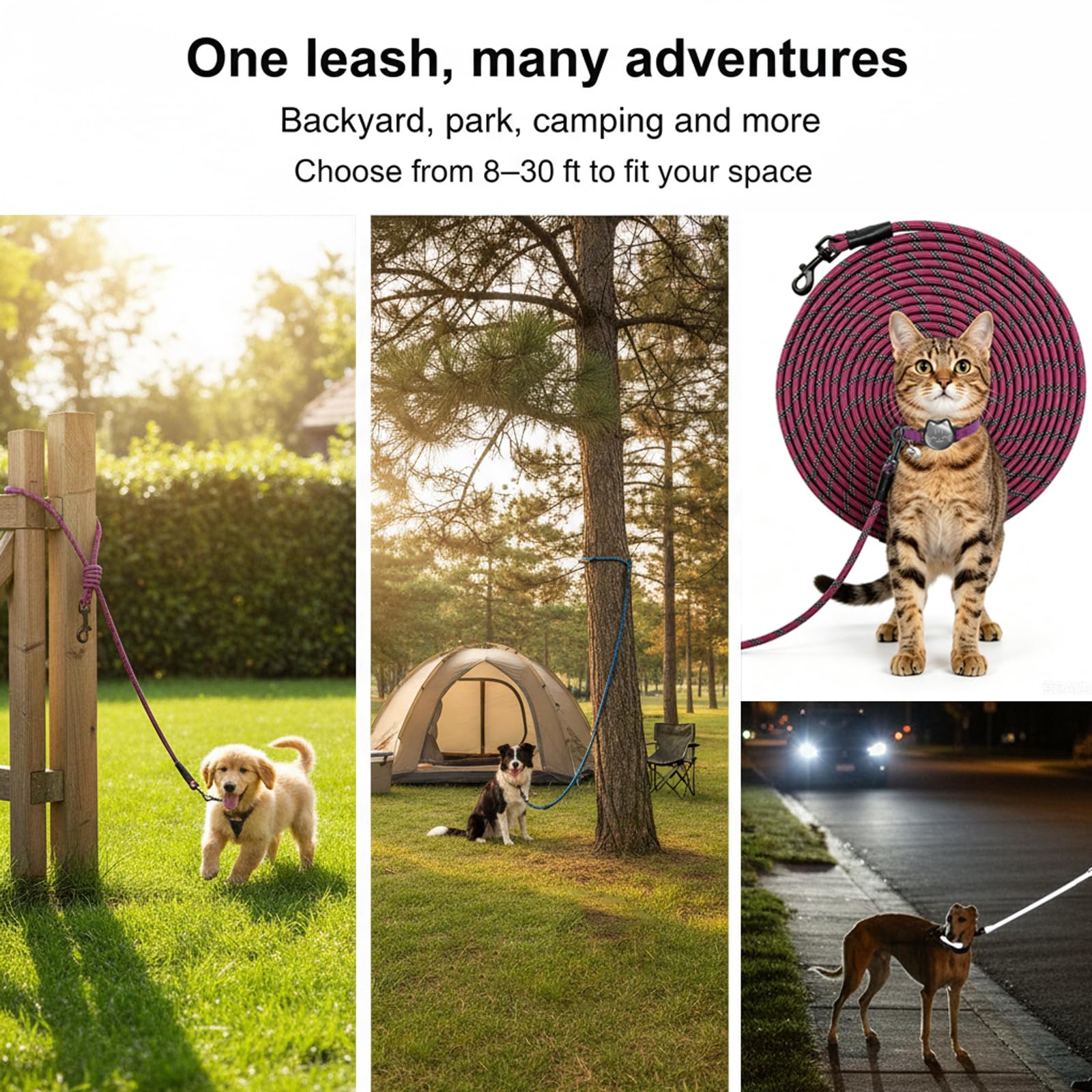 BTINESFUL 30ft Reflective Dog Tie Out – Lightweight Nylon Tether for Small Dogs up to 35 lbs