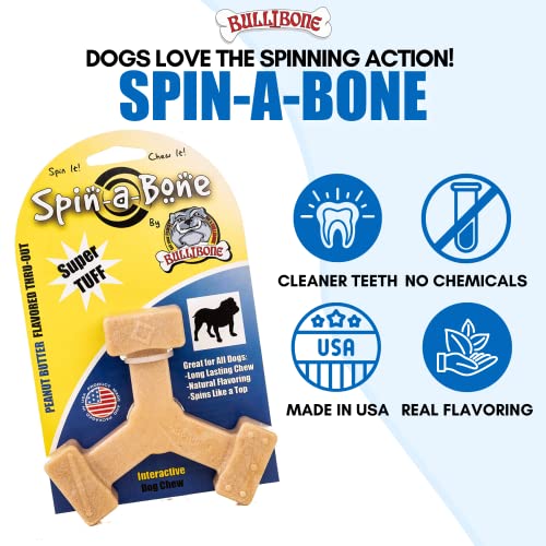 Bullibone Spin-a-Bone Nylon Dog Chew Toy – Rotating Interactive Toy for Small/Medium Dogs, Peanut Butter Flavor