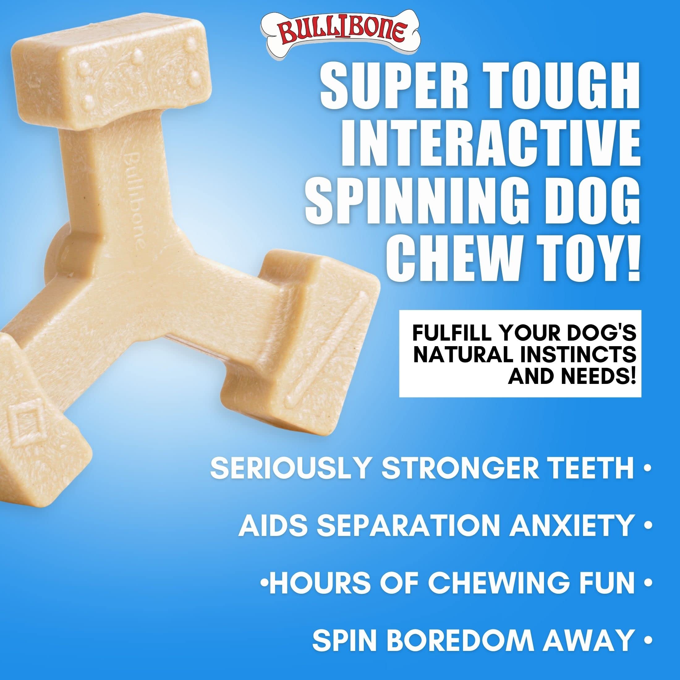 Bullibone Spin-a-Bone Nylon Dog Chew Toy – Rotating Interactive Toy for Small/Medium Dogs, Peanut Butter Flavor