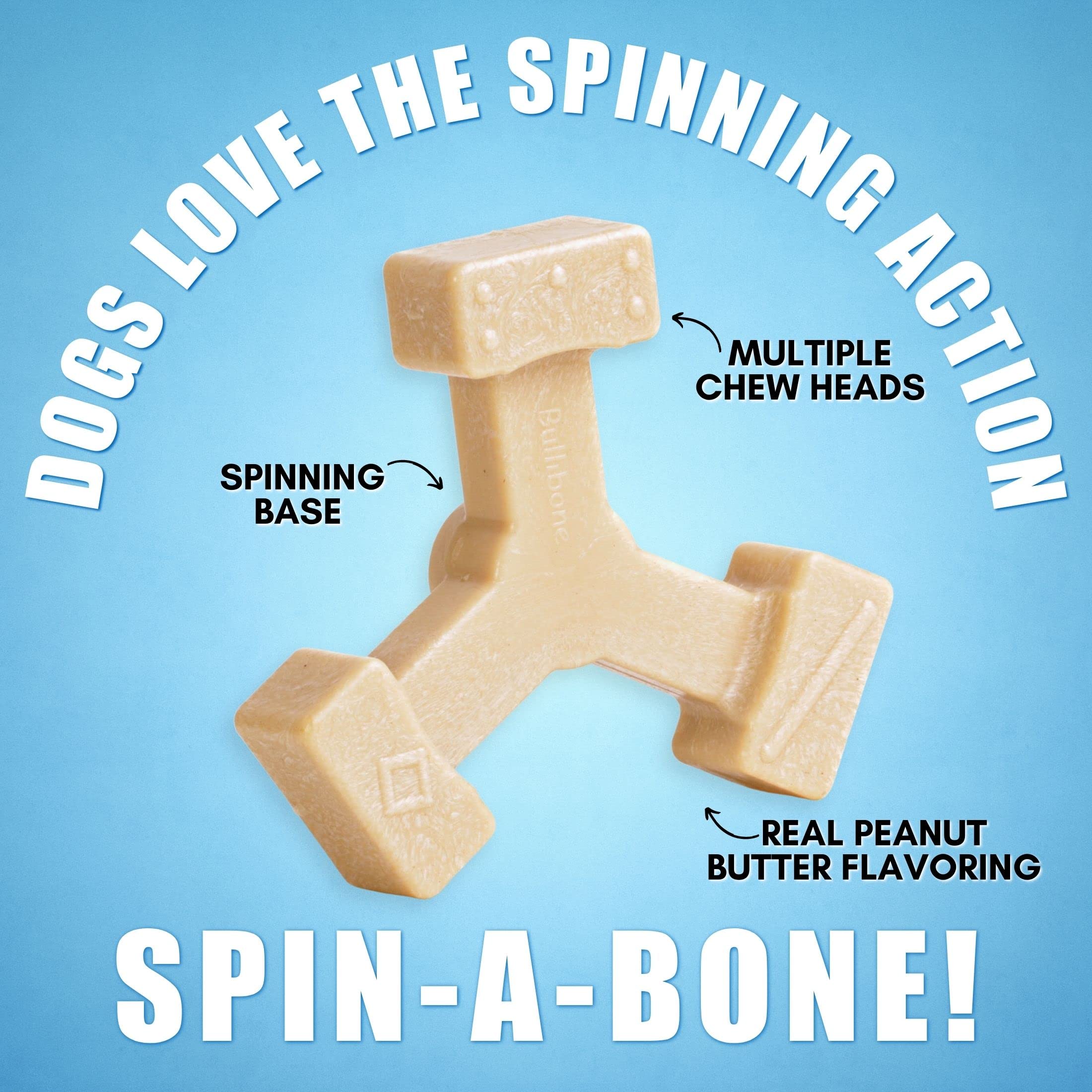 Bullibone Spin-a-Bone Nylon Dog Chew Toy – Rotating Interactive Toy for Small/Medium Dogs, Peanut Butter Flavor