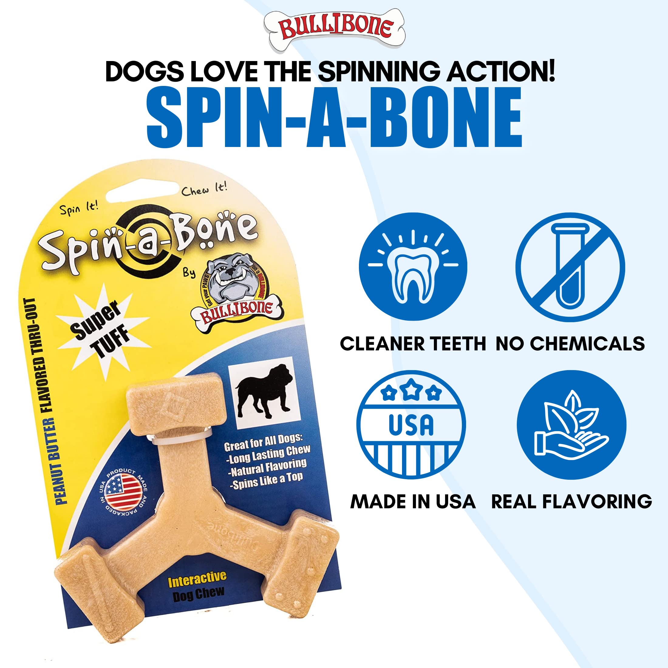 Bullibone Spin-a-Bone Nylon Dog Chew Toy – Rotating Interactive Toy for Small/Medium Dogs, Peanut Butter Flavor