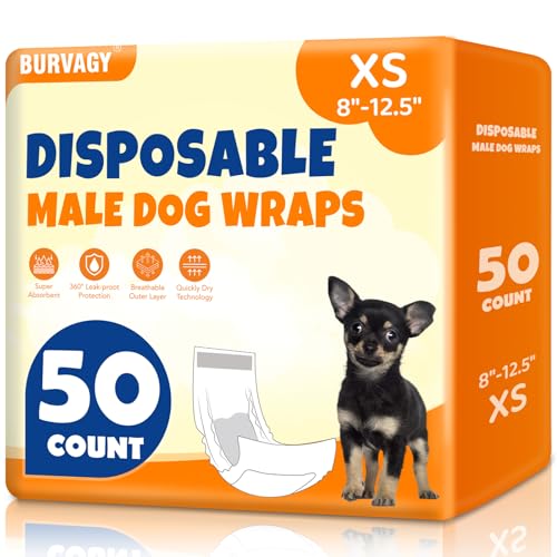 BURVAGY 50 Count Disposable Male Dog Wraps, X-Small: Leak-Proof Belly Bands with Wetness Indicator