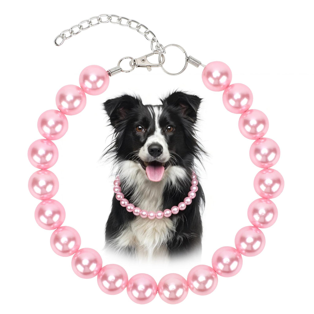 BWOGUE Chunky Pearl Dog Necklace with Double-Layer Steel Wire - 20mm Beads, Pink, XL (17.5-20.5 inches)