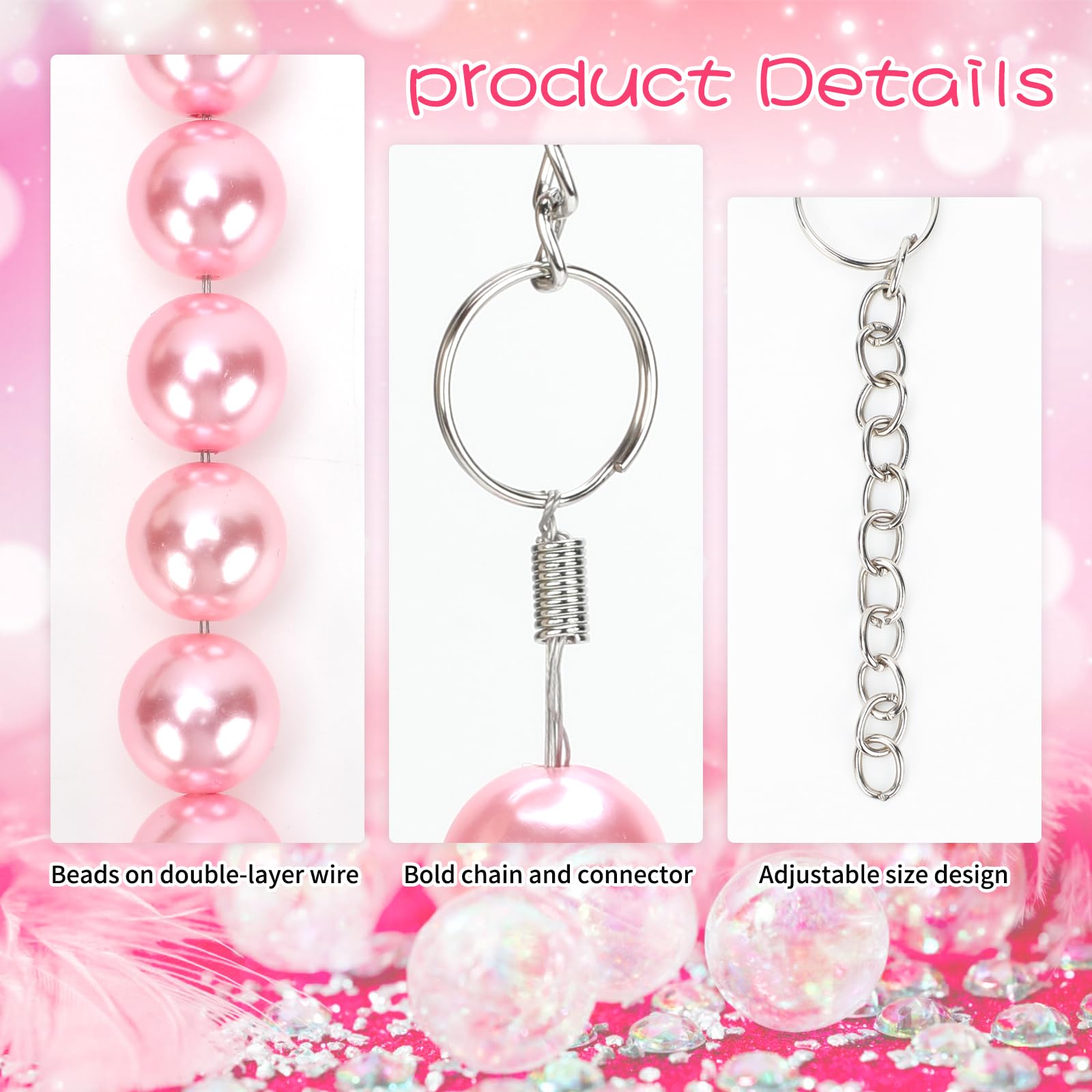 BWOGUE Chunky Pearl Dog Necklace with Double-Layer Steel Wire - 20mm Beads, Pink, XL (17.5-20.5 inches)