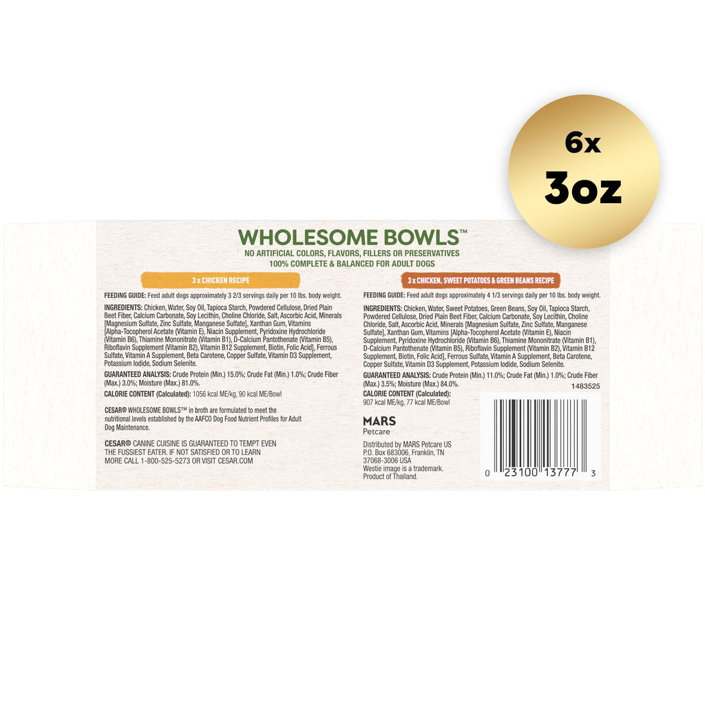 Cesar Wholesome Bowls Adult Wet Dog Food Variety Pack – Chicken & Sweet Potato, 6 Count