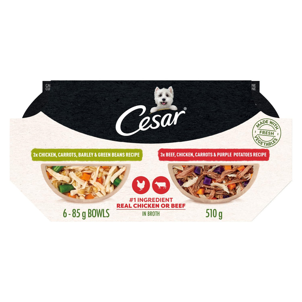 Cesar Wholesome Bowls Variety Pack Adult Wet Dog Food, Chicken & Beef Recipes, 6 Count, 3 oz Each