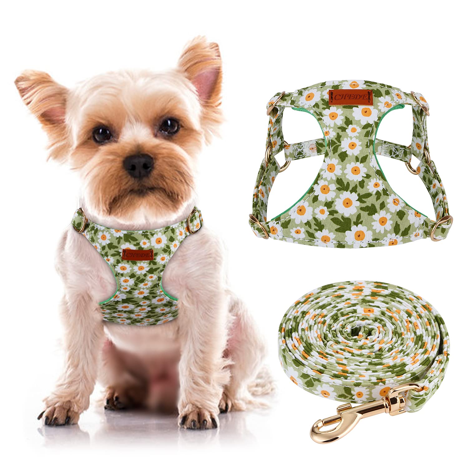 CHEDE No Pull Floral Dog Harness - Lightweight Adjustable Small Dog Harness and Leash Set (Green Daisy, XXS)