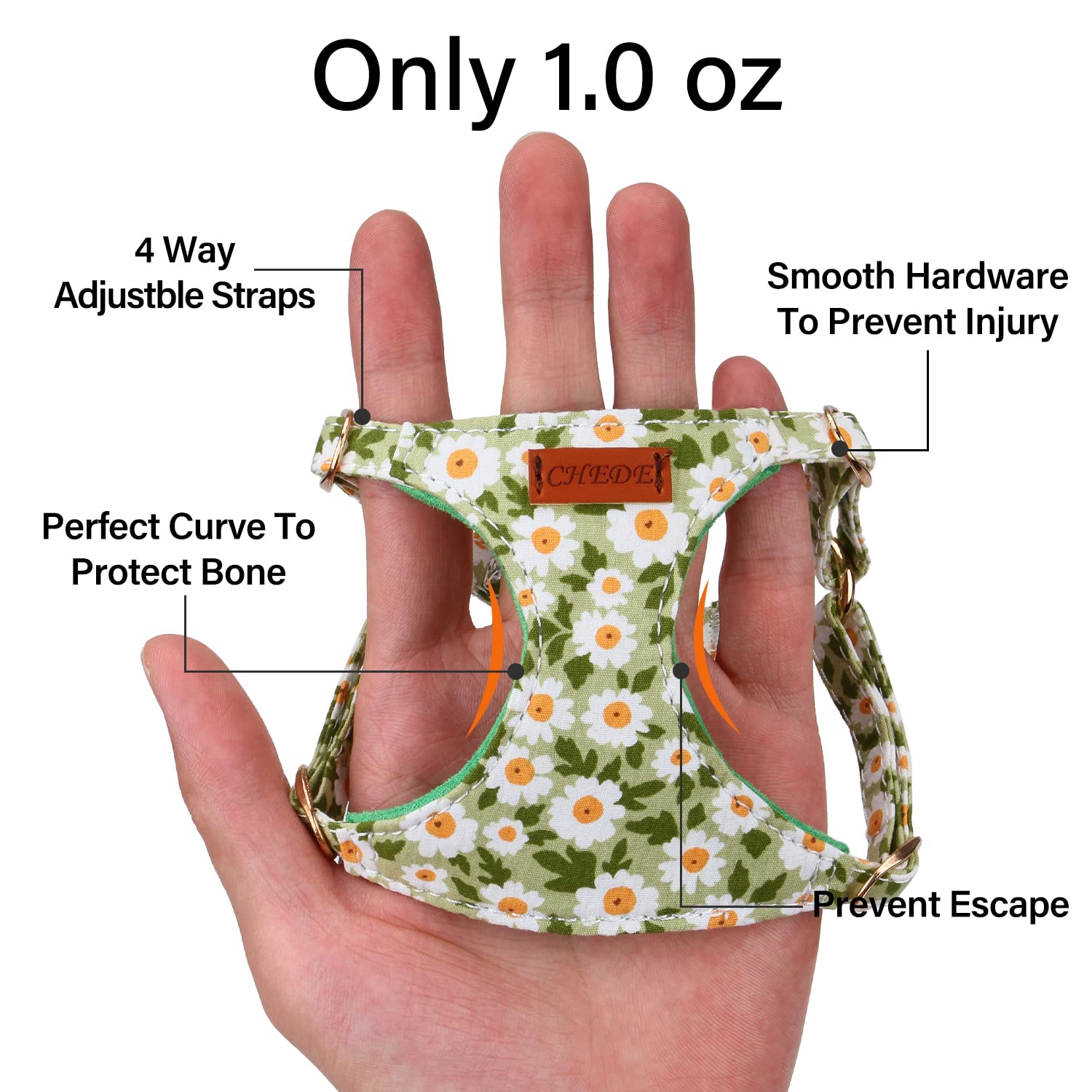CHEDE No Pull Floral Dog Harness - Lightweight Adjustable Small Dog Harness and Leash Set (Green Daisy, XXS)