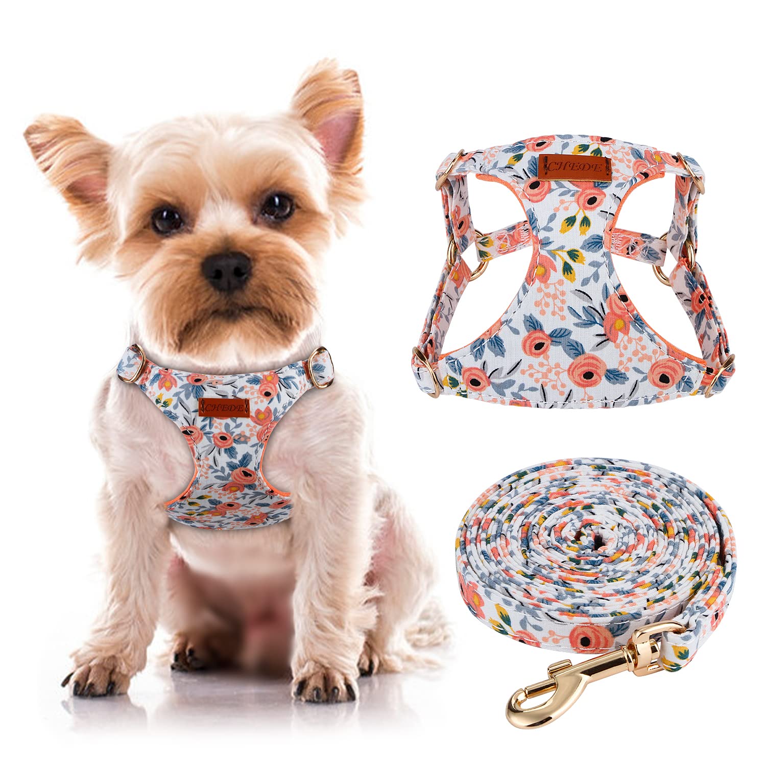 CHEDE No Pull Floral Dog Harness and Leash Set - Lightweight Adjustable Vest for Small Dogs (XS, Orange Rose)