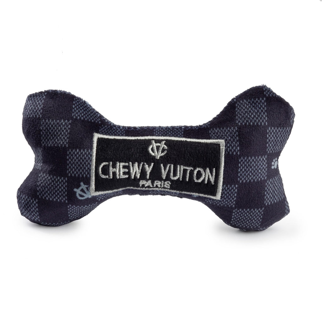Chewy Vuiton Black Checker Bone Plush Dog Toy with Squeaker – Small, Soft & Machine Washable by Haute Diggity Dog