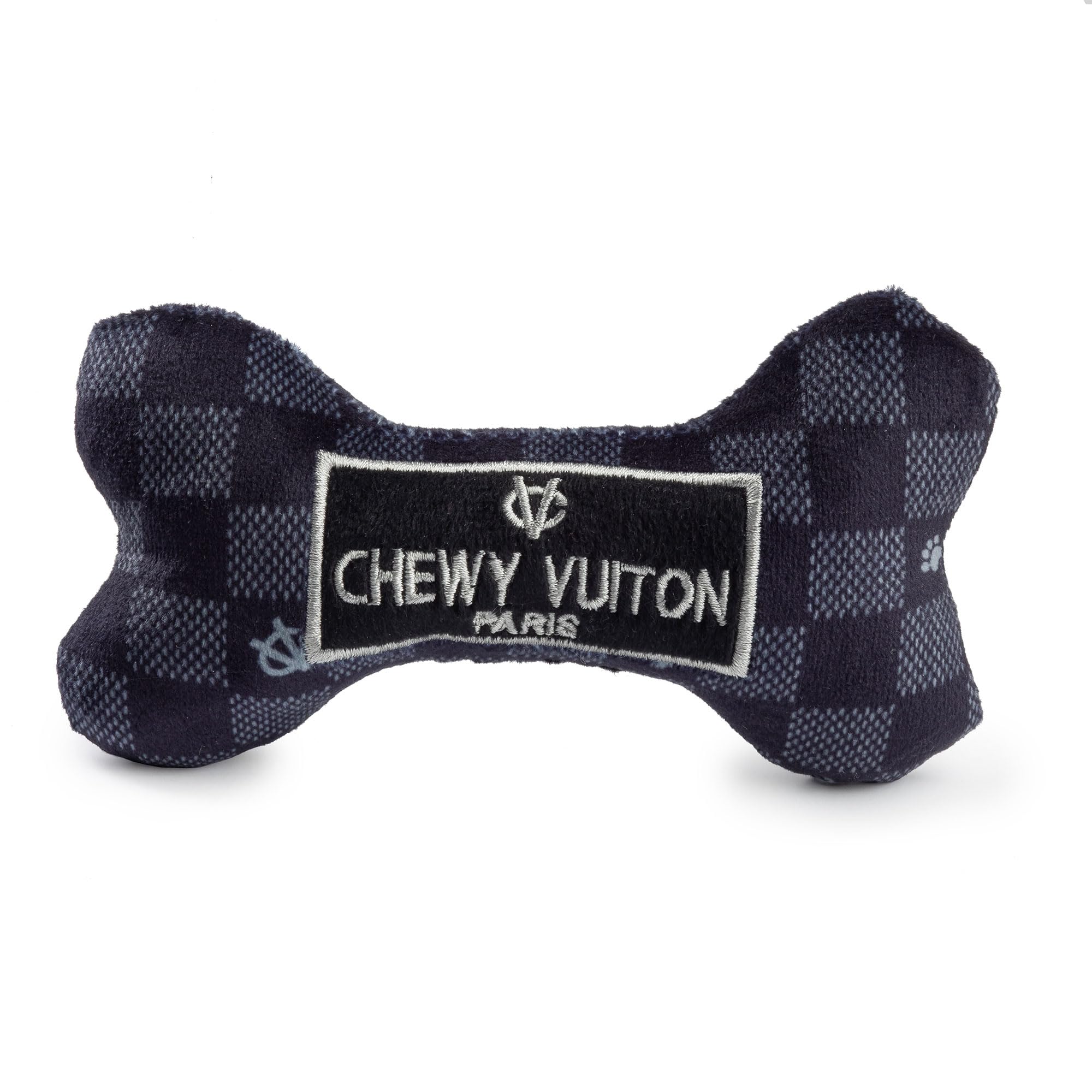 Chewy Vuiton Black Checker Bone Plush Dog Toy with Squeaker – Small, Soft & Machine Washable by Haute Diggity Dog