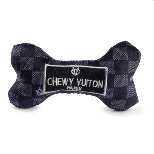 Chewy Vuiton Black Checker Bone Plush Dog Toy with Squeaker – Small, Soft & Machine Washable by Haute Diggity Dog