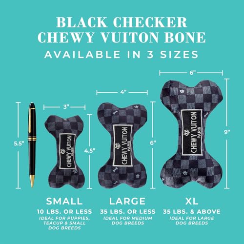Chewy Vuiton Black Checker Bone Plush Dog Toy with Squeaker – Small, Soft & Machine Washable by Haute Diggity Dog