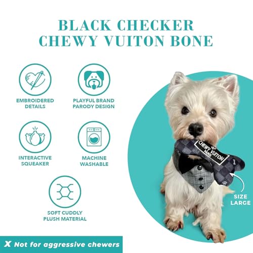 Chewy Vuiton Black Checker Bone Plush Dog Toy with Squeaker – Small, Soft & Machine Washable by Haute Diggity Dog