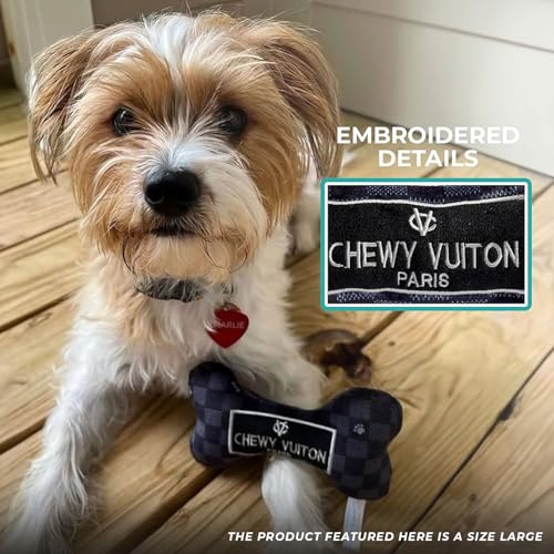 Chewy Vuiton Black Checker Bone Plush Dog Toy with Squeaker – Small, Soft & Machine Washable by Haute Diggity Dog