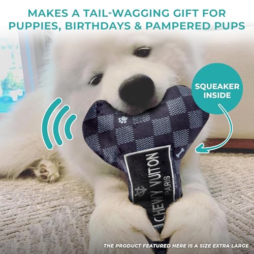 Chewy Vuiton Black Checker Bone Plush Dog Toy with Squeaker – Small, Soft & Machine Washable by Haute Diggity Dog