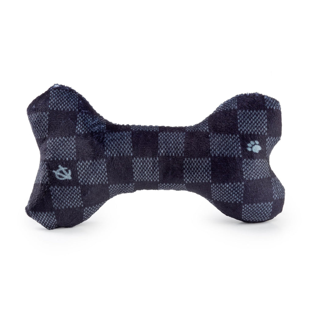 Chewy Vuiton Black Checker Bone Plush Dog Toy with Squeaker – Small, Soft & Machine Washable by Haute Diggity Dog