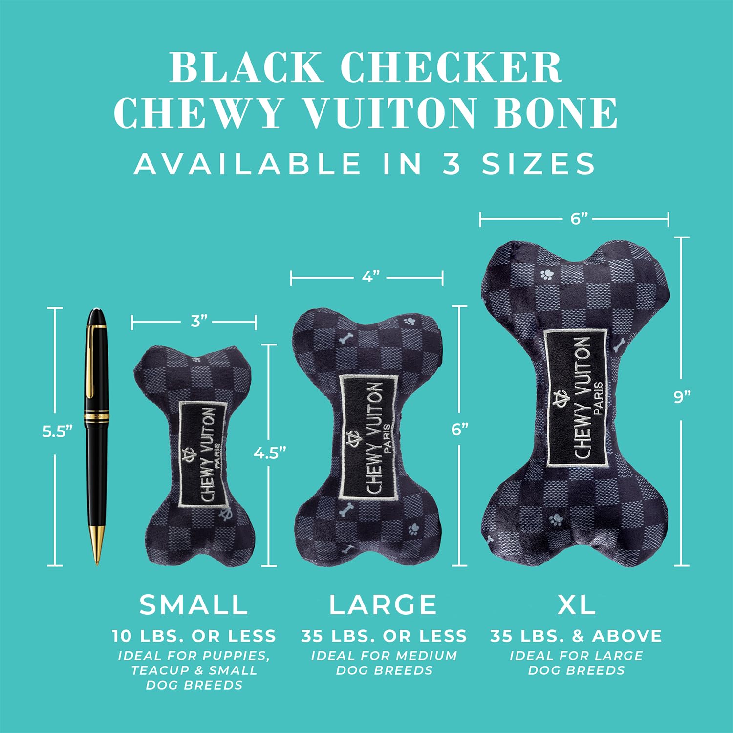 Chewy Vuiton Black Checker Bone Plush Dog Toy with Squeaker – Small, Soft & Machine Washable by Haute Diggity Dog