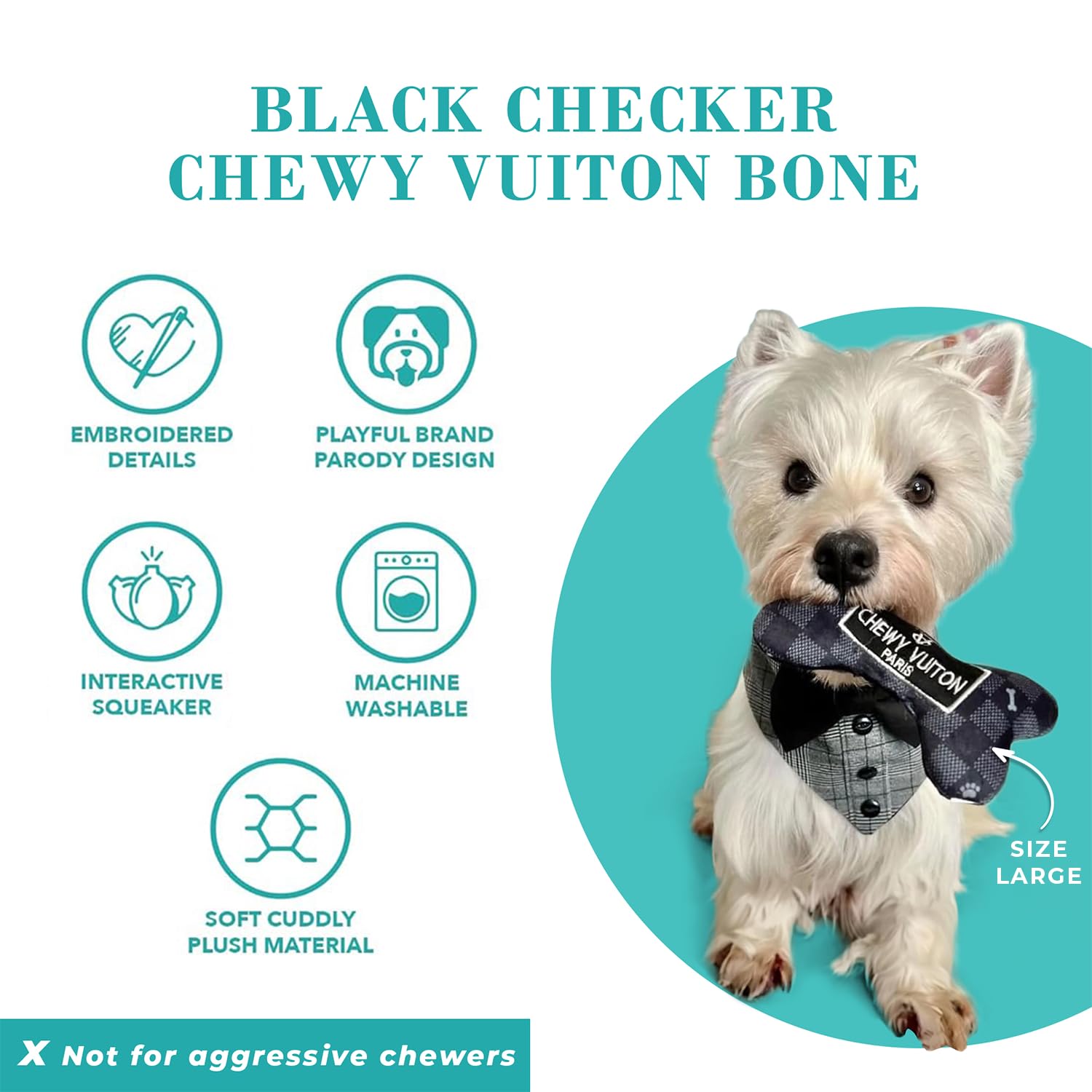 Chewy Vuiton Black Checker Bone Plush Dog Toy with Squeaker – Small, Soft & Machine Washable by Haute Diggity Dog