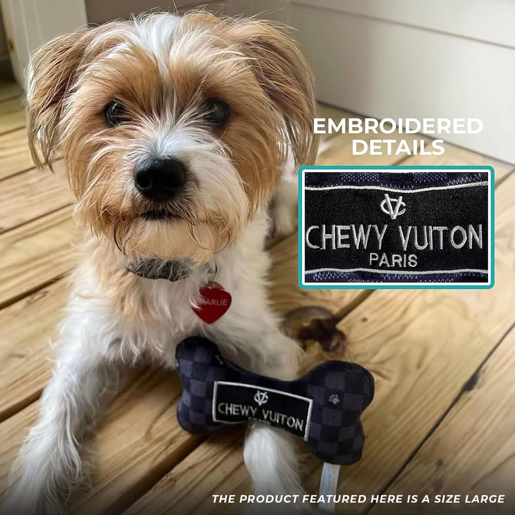 Chewy Vuiton Black Checker Bone Plush Dog Toy with Squeaker – Small, Soft & Machine Washable by Haute Diggity Dog