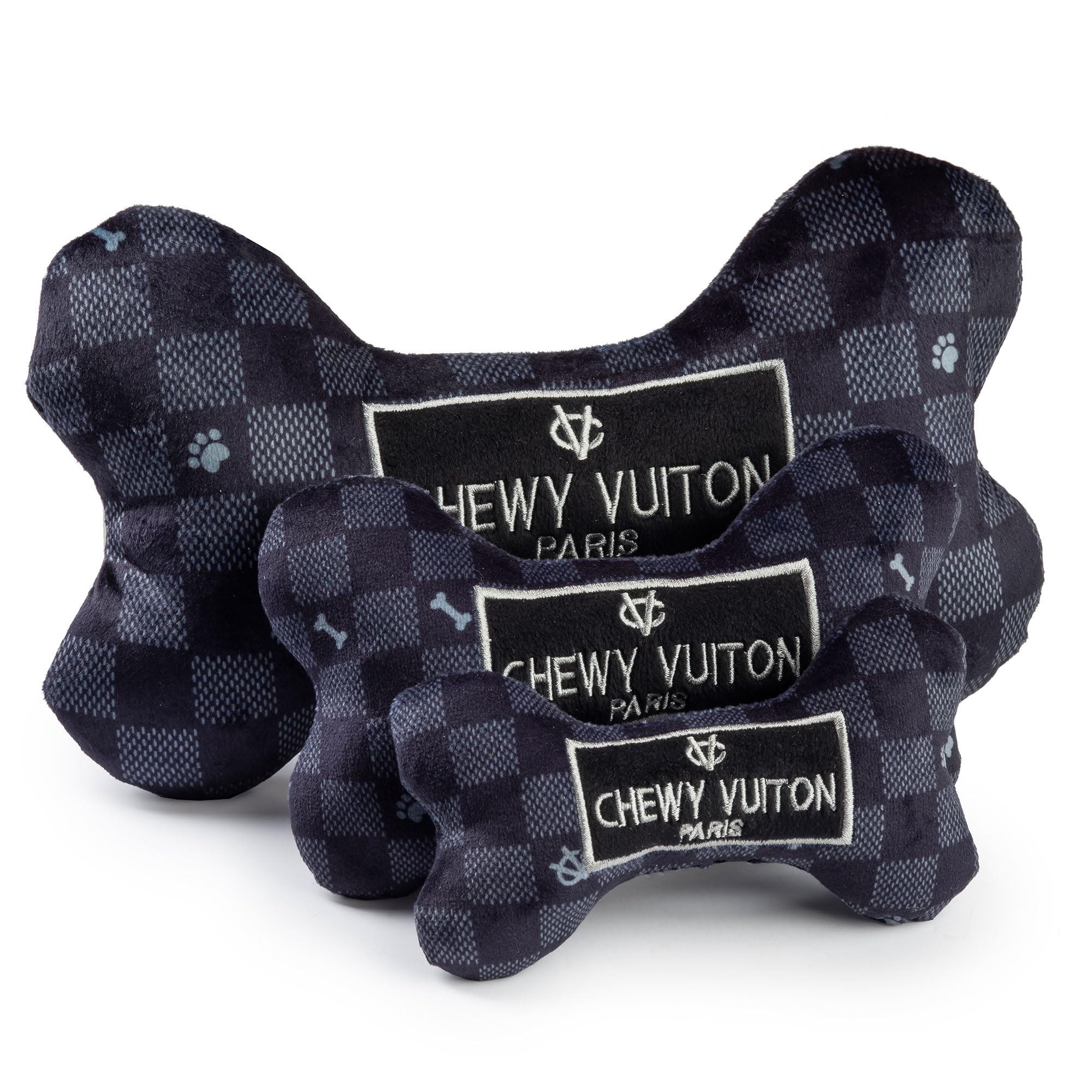 Chewy Vuiton Black Checker Bone Plush Dog Toy with Squeaker – Small, Soft & Machine Washable by Haute Diggity Dog