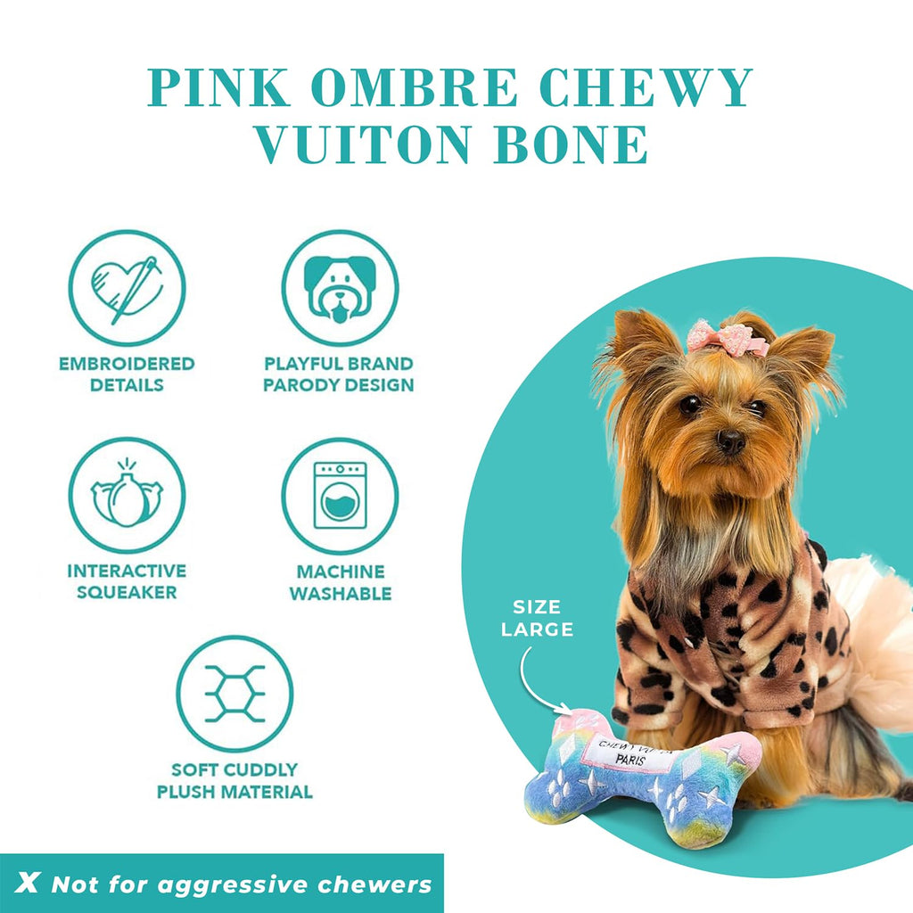 Chewy Vuiton Bone Plush Dog Toy - Pink Ombre Small - Squeaky Designer Parody Toy