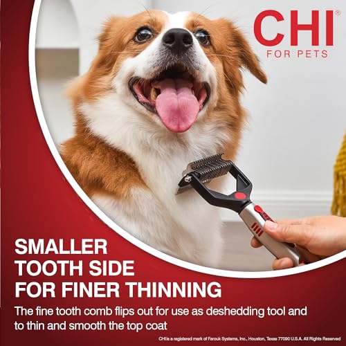 CHI for Dogs 2-in-1 Dematting and Deshedding Rake - Dual Head Grooming Tool for Thick Coats